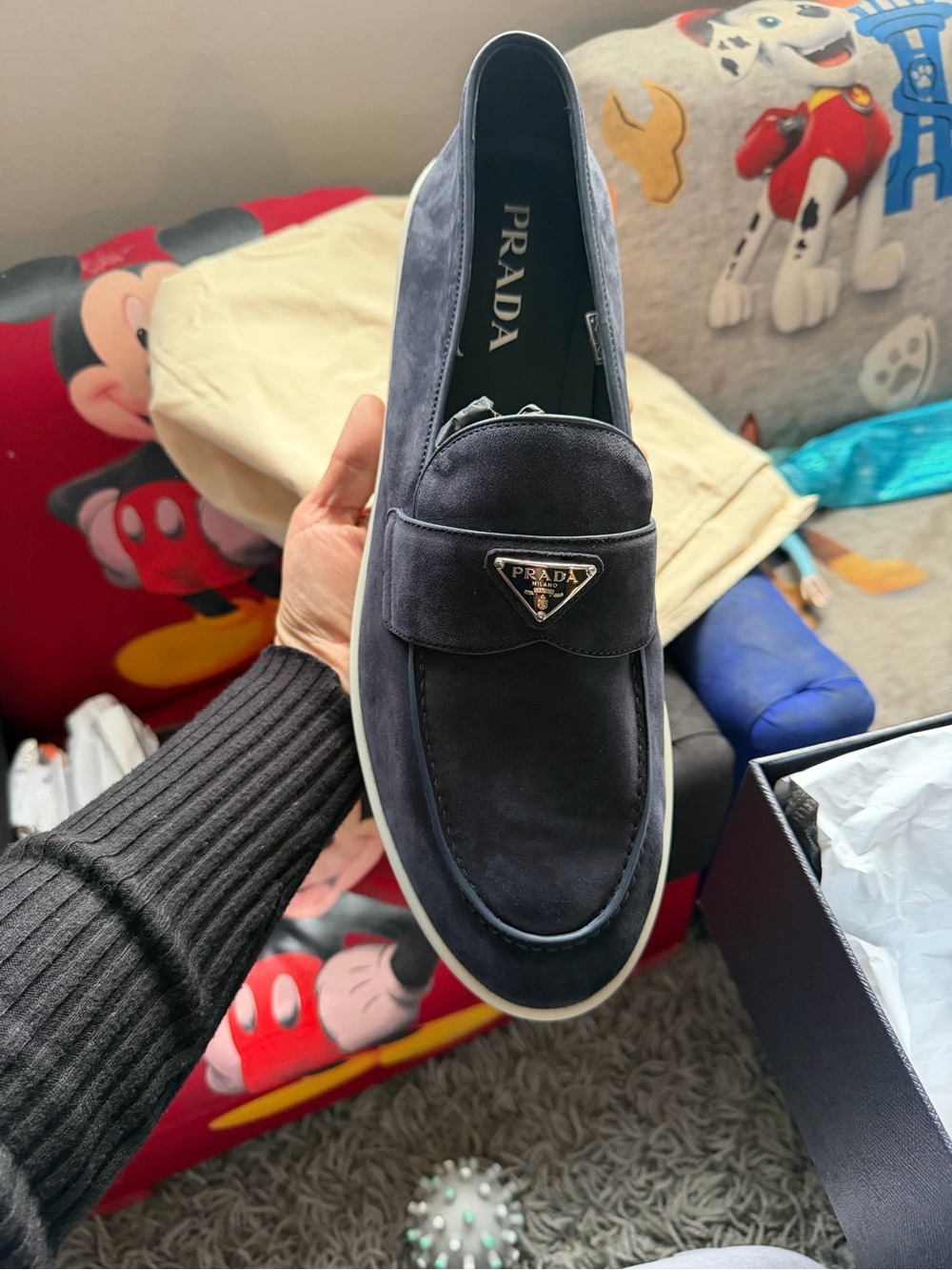 Prada Men’s Dark Blue Suede Penny Loafers with Logo Plaque